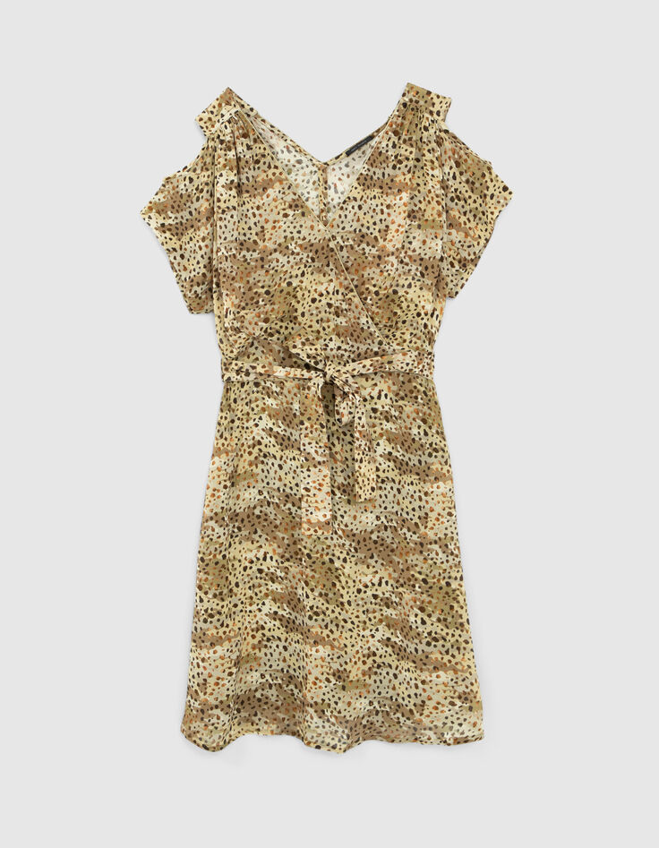 Mandelgrünes Damenkleid mit Animalprint, schulterfrei-3