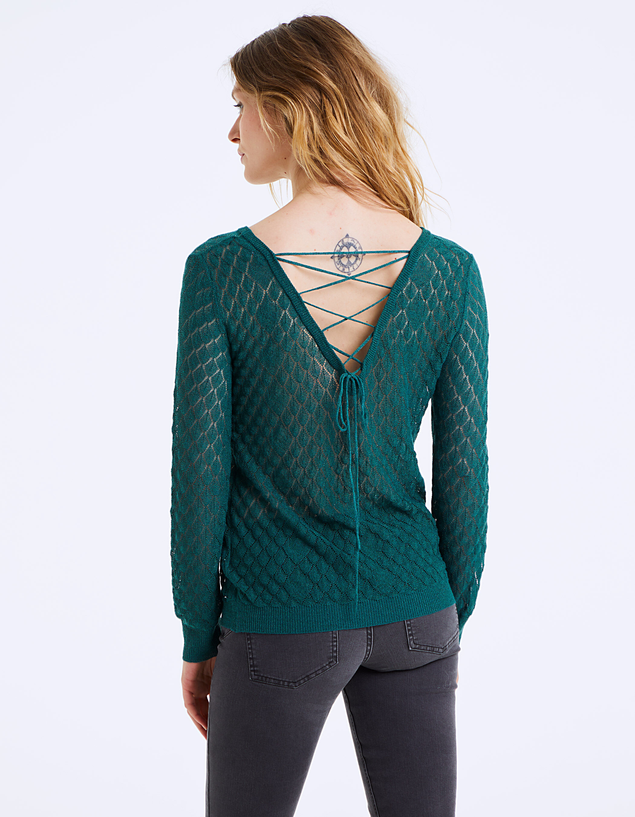 Women's openwork viscose-rich lace back sweater