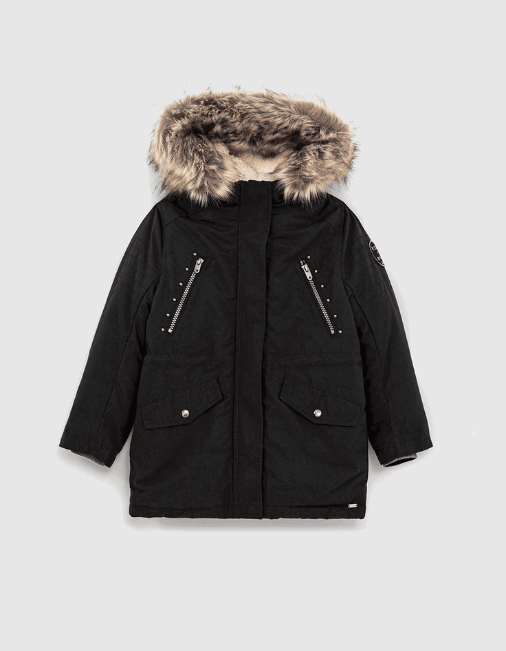 Schwarzer 2-in-1-M&auml;dchenparka mit Steppweste mit Sternen-1