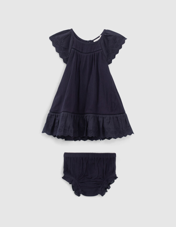 Robe marine brodée avec bloomer bébé fille-2
