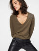 Women’s khaki embroidered shoulder long-sleeve T-shirt-1