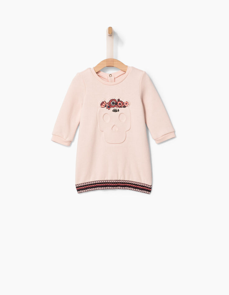 Robe-sweat rose à relief tête de mort bébé fille-2