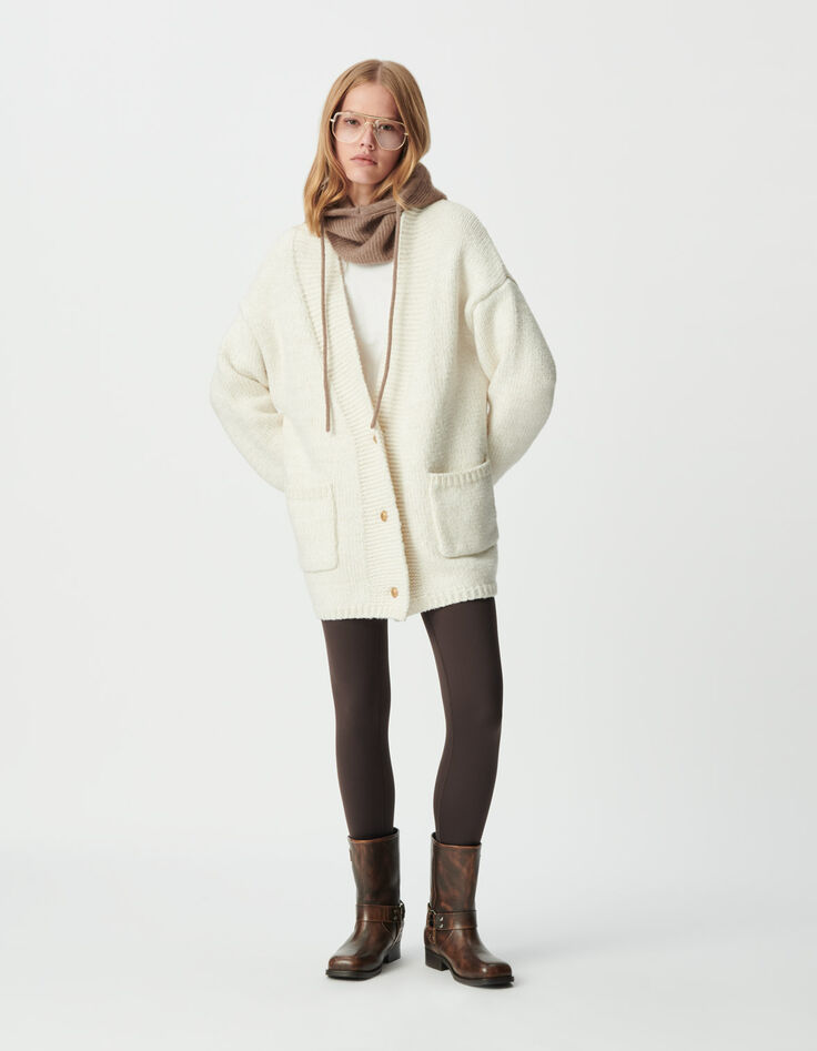 Ecru Damen-Strickjacke, goldfarbener Lurex Loose-Fit-1