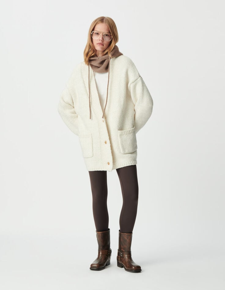 Ecru Damen-Strickjacke, goldfarbener Lurex Loose-Fit-1 Ecru Damen-Strickjacke, goldfarbener Lurex Loose-Fit-1