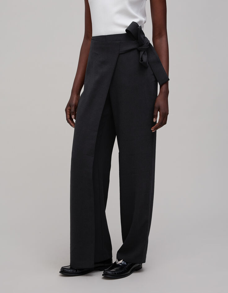 Schwarze Damenhose, breiter Bund mit Bindeband-3