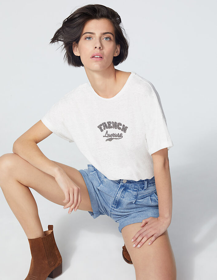 Cremeweißes Damen-T-Shirt mit Schriftzug mit Perlen - IKKS