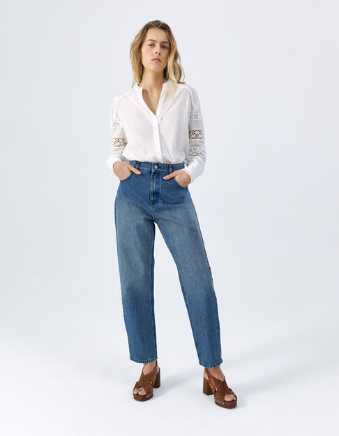 Blauwe mom jeans cropped hoge taille Dames