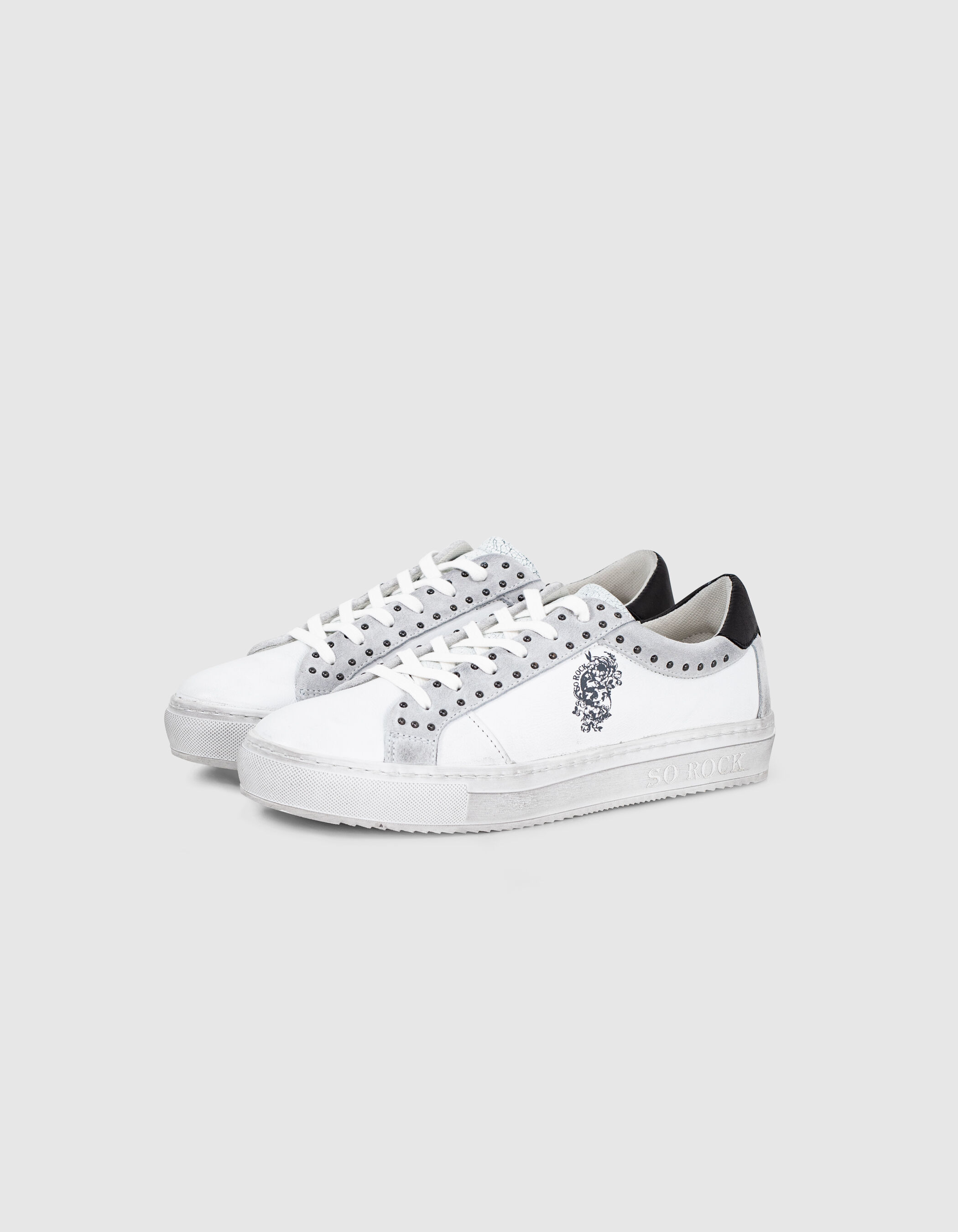 Women s white rock graphic studded leather trainers