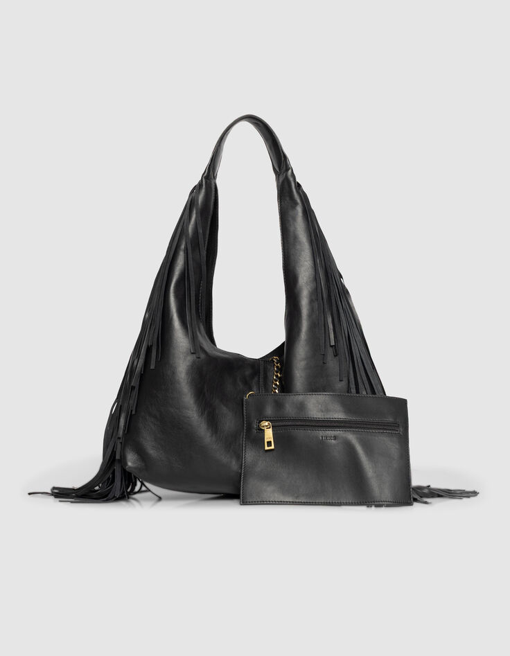 Schwarze Damenhobo-Tasche weiches Leder mit Fransen-7