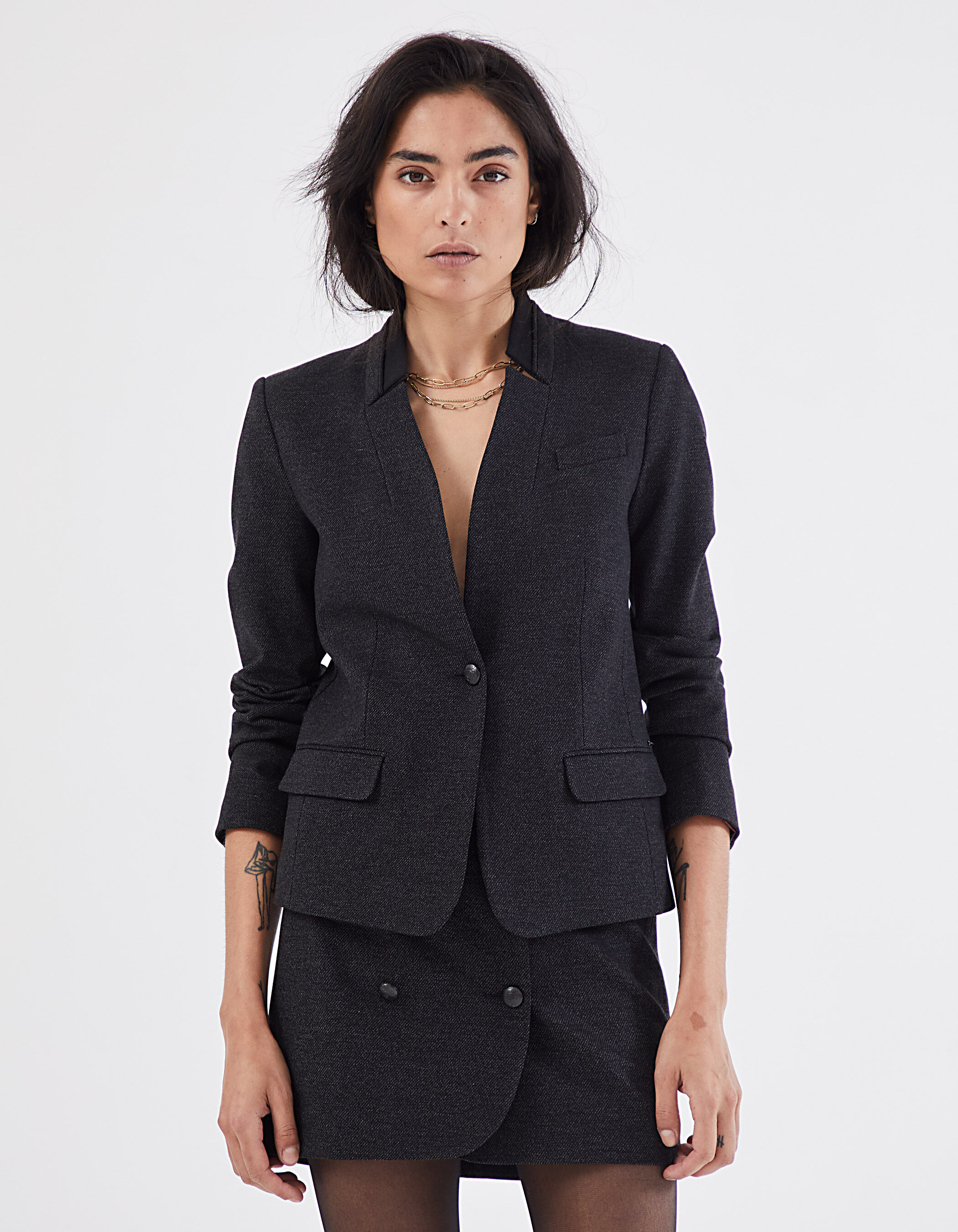 Women s semi plain Milano knit suit jacket stand up collar
