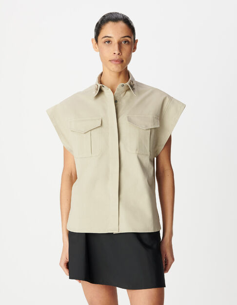 Women's oversize beige shirt with embroidered jewel collar - IKKS