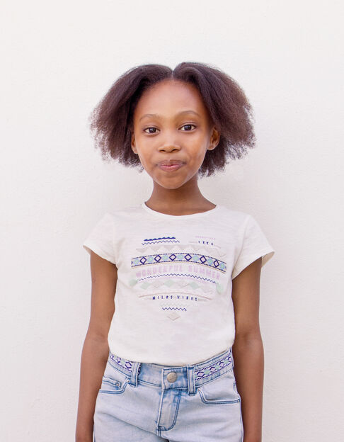Girls' off-white T-shirt with ethnic heart embroidery