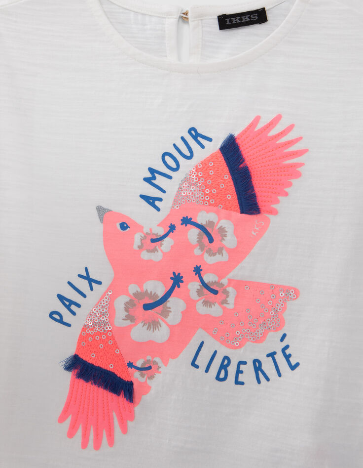 Girls’ white organic cotton T-shirt, neon pink bird image-2