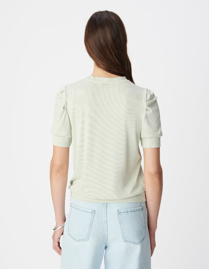 Women's green sequined round neck tee with gathered sleeves-3