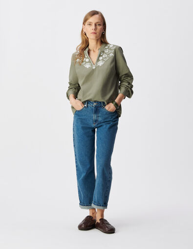 Mujer blusa con peto de algod&oacute;n org&aacute;nico caqui bordado - IKKS