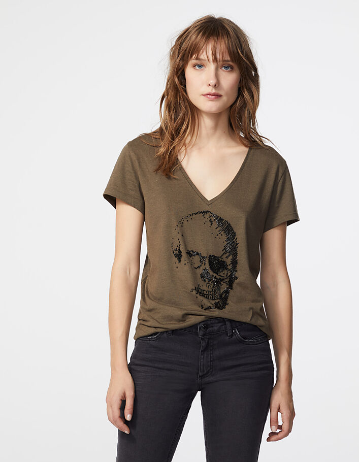 Women’s khaki beaded skull cotton modal T-shirt - IKKS