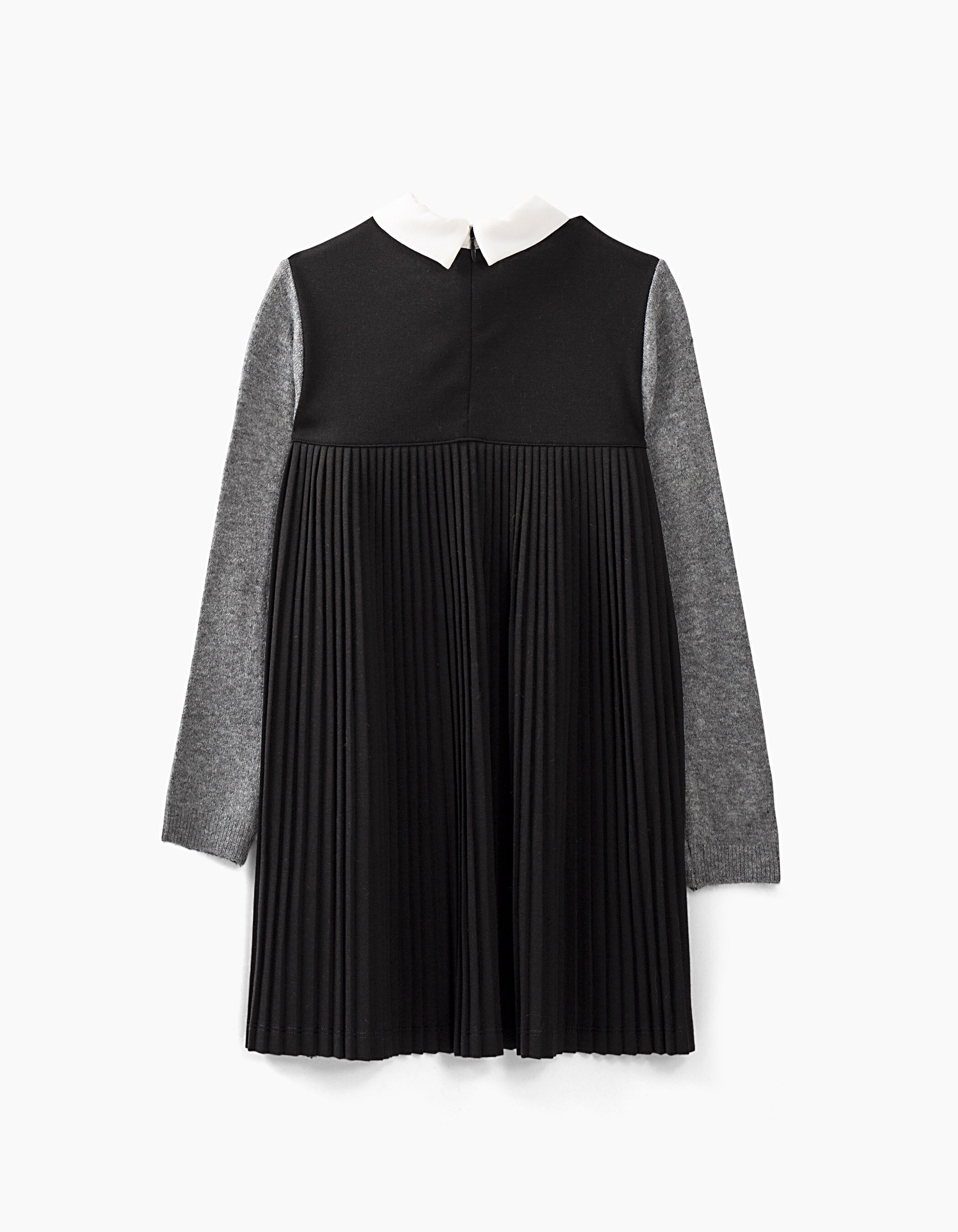 Girls' grey mixed fabric knit dress, black pleated back IKKS