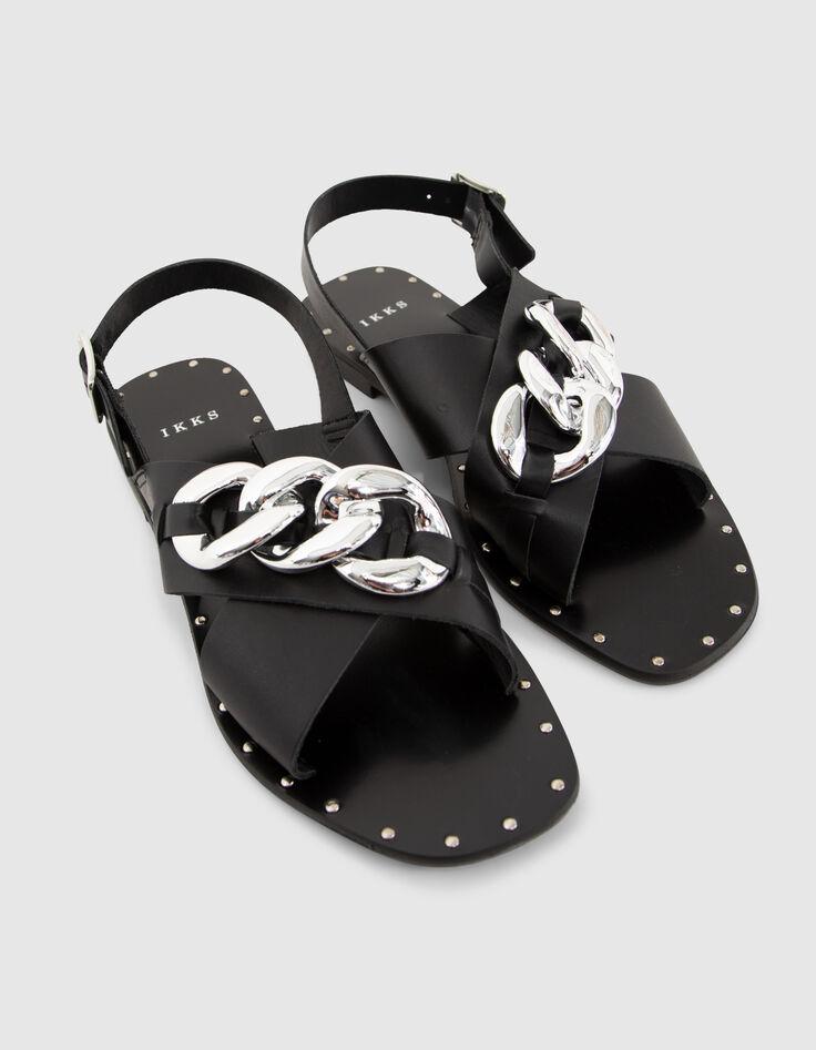 Sandales plates cuir noir décor maxi chaîne métal Femme-5