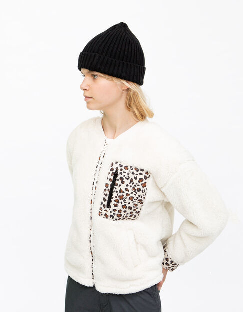 Girls’ ecru plush cardigan with leopard motif details