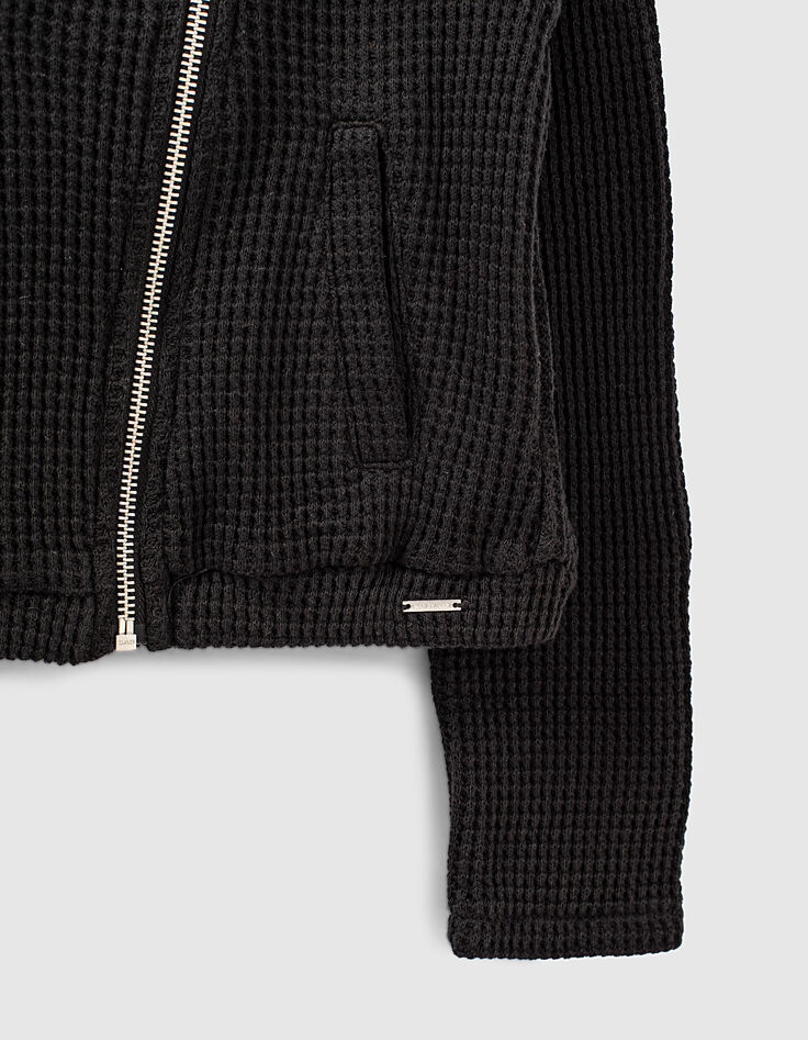 Cardigan noir esprit motard nid d'abeille à capuche fille-5 Cardigan noir esprit motard nid d'abeille à capuche fille-5
