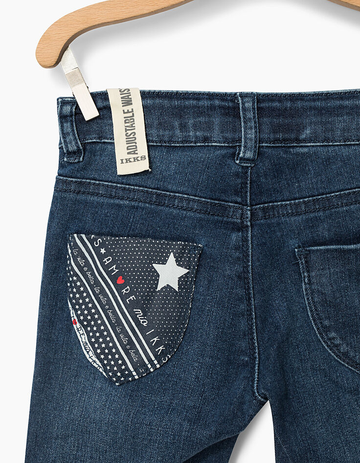 Jean skinny bleu, décors broderies et patchs fille-7