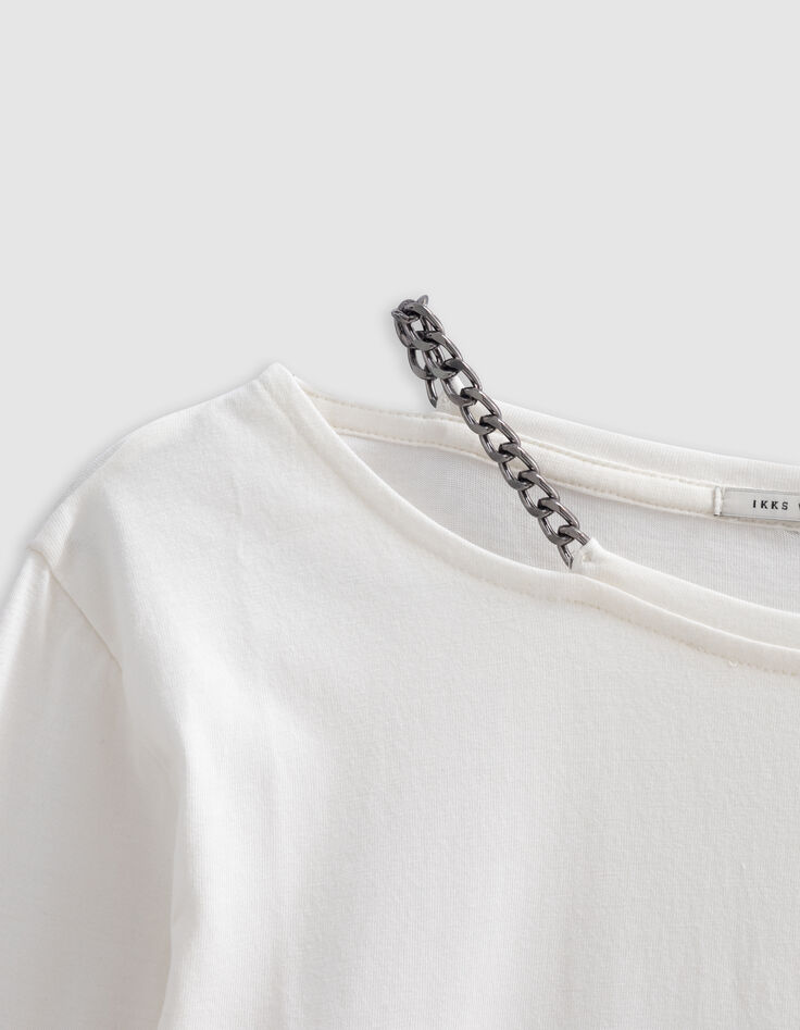 Camiseta de mujer con cuello de cadena en blanco roto-7