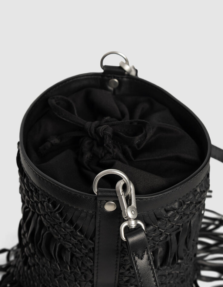 Schwarze Beuteltasche, Leder, Macramé, Fransen -3