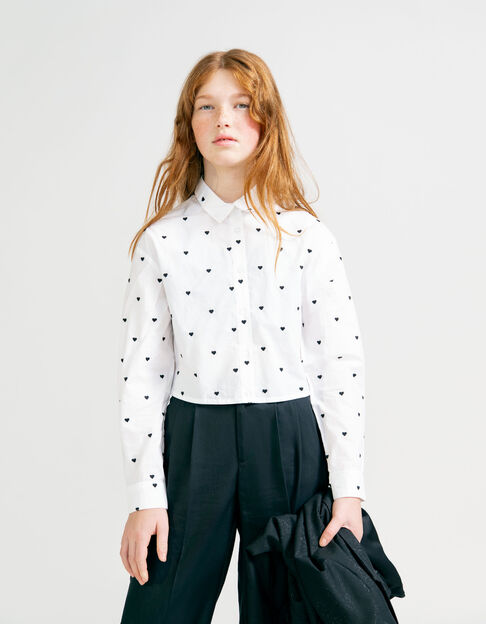 Chemise blanche cropped coton bio broderies coeurs fille