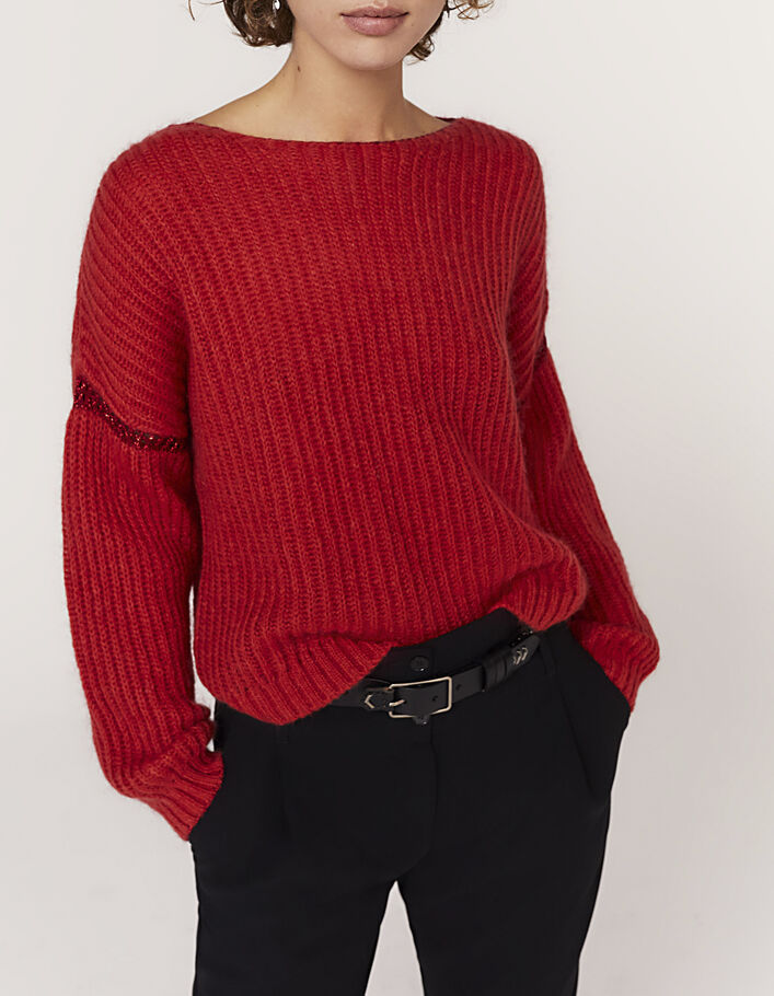 Pull col V en laine mousseuse coloris fraise femme-1