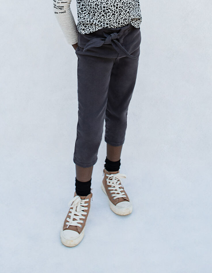 Girls’ back worn-out paper bag jeans with fixed belt-2