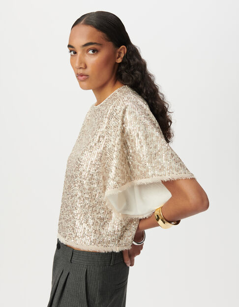 Beige top geborduurde gouden lovertjes vlindermouwen Dames - IKKS