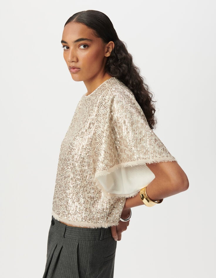 Beige top geborduurde gouden lovertjes vlindermouwen Dames-4 Beige top geborduurde gouden lovertjes vlindermouwen Dames-4