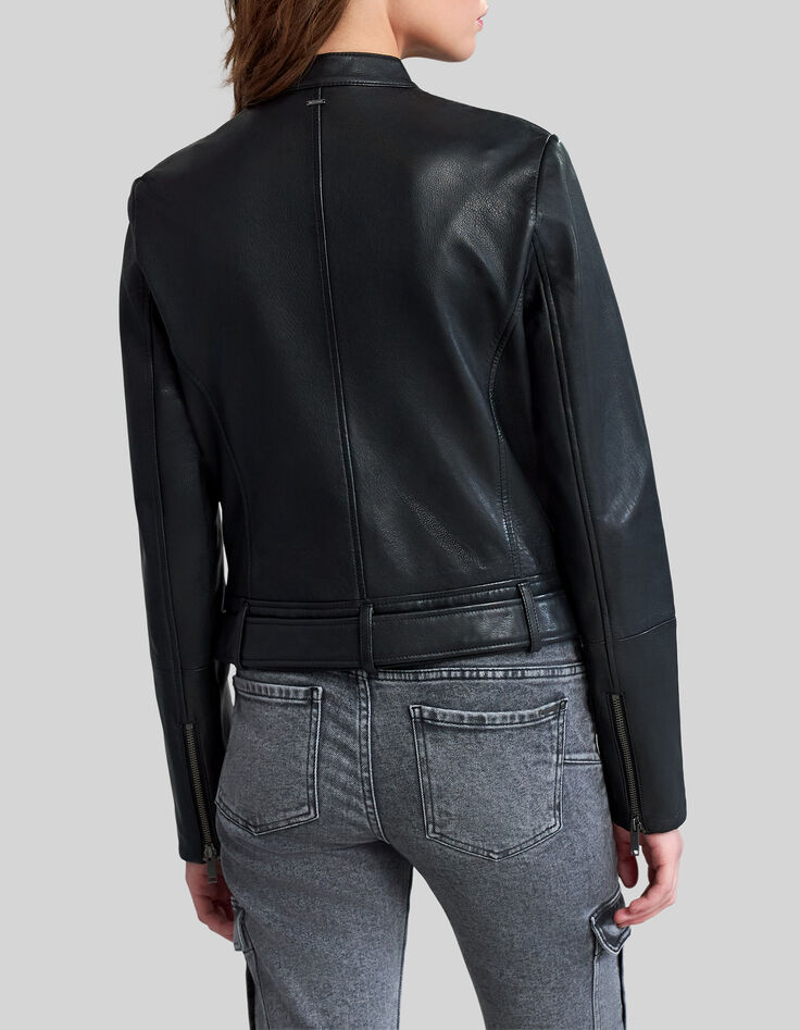 Women&rsquo;s black leather fitted jacket with quilted shoulders-3