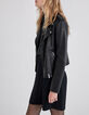 Women's black woven leather biker-style jacket with beads-3