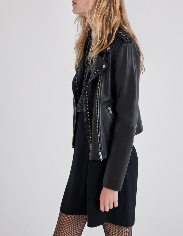 Veste en cuir noir esprit motard tressage perles Femme