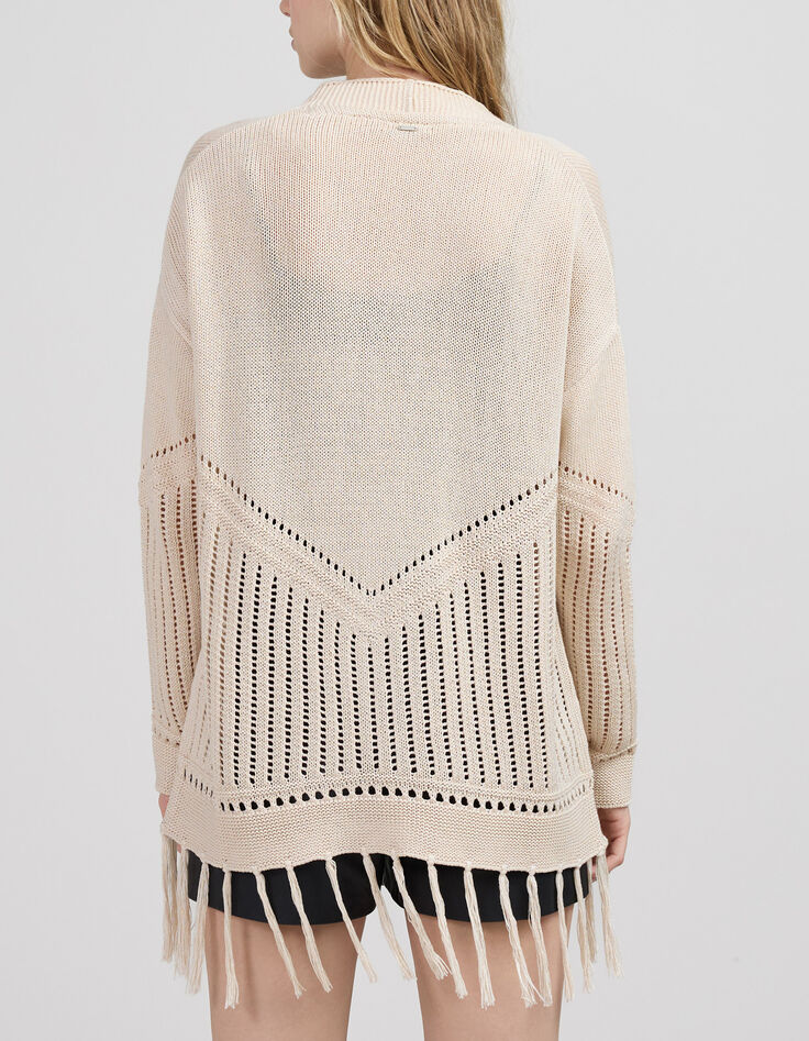 Women’s ecru openwork knit cardigan with fringed edges-2 Women’s ecru openwork knit cardigan with fringed edges-2