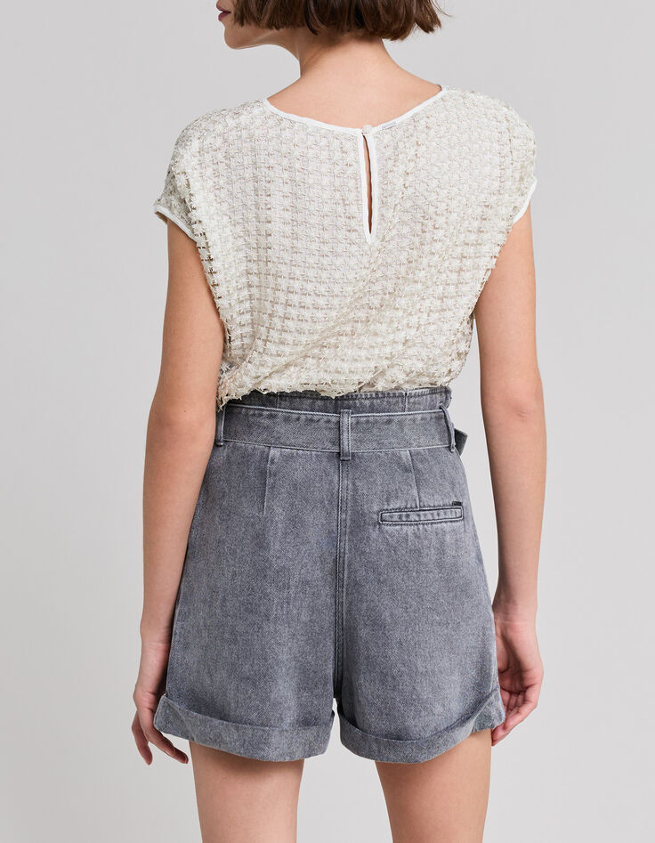 Tee-shirt macram&eacute; col rond ecru femme-3