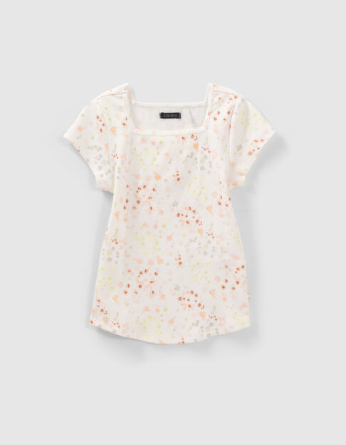 Girls’ white tiny flower print ribbed T-shirt