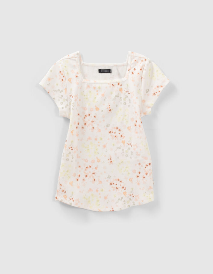 Weißes, geripptes Mädchen-T-Shirt mit kleinen Blumen - IKKS