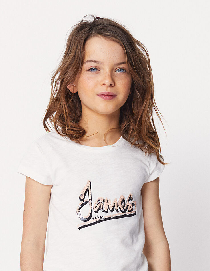 Tee-shirt blanc cassé avec sequins réversibles fille-1