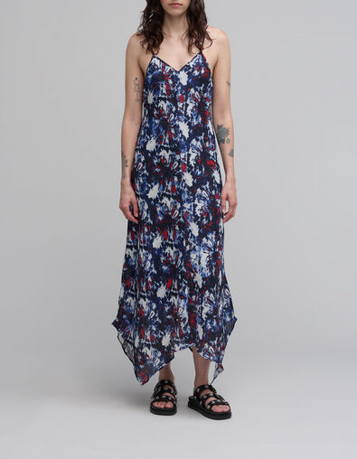 Damenkleid aus recyceltem Marineblau mit Batik-Blumenmuster - IKKS