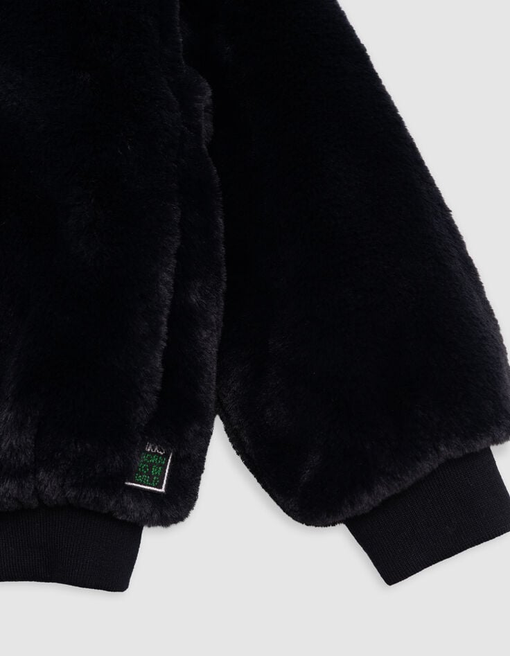 Schwarze Sherpa-Maxi-Jacke, Kapuze, Fischgr&auml;ten, M&auml;dchen-4