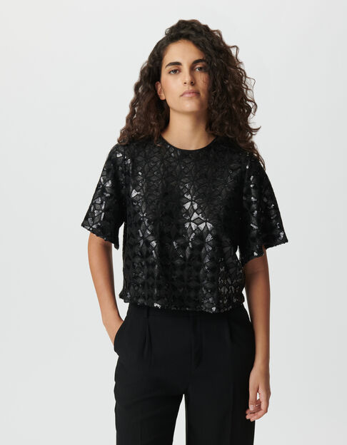 Top noir brodé sequins manches papillon Femme - IKKS