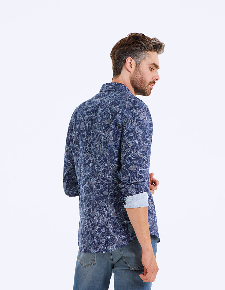 Indigoblauw slim fit overhemd met stippenprint-3