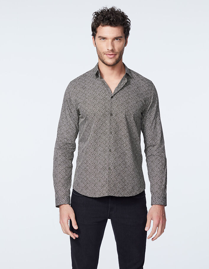 Men’s dark khaki ethnic minimalist print SLIM shirt - IKKS