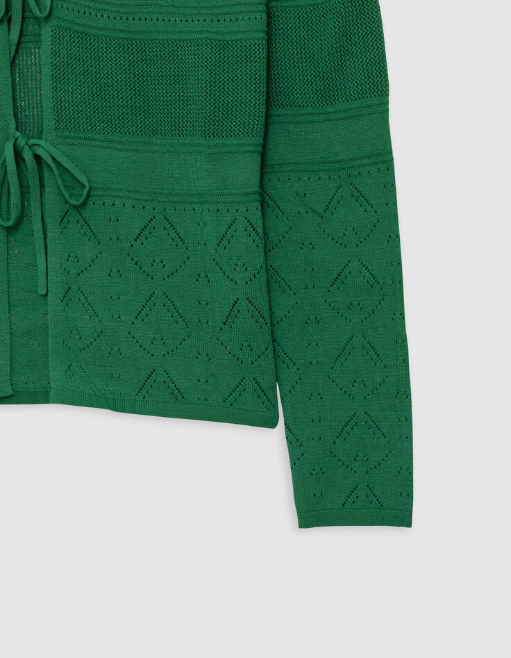 Cardigan vert tricot ajouré à nouer-4 Cardigan vert tricot ajouré à nouer-4