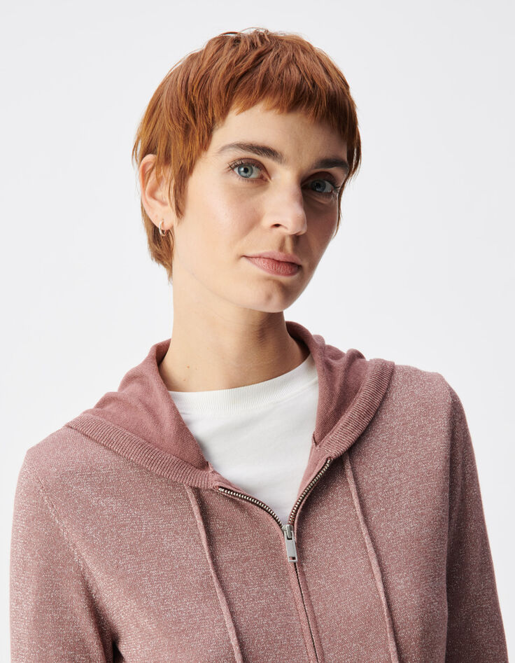 Cardigan capuche bordeaux tricot lurex chevrons dos Femme-4