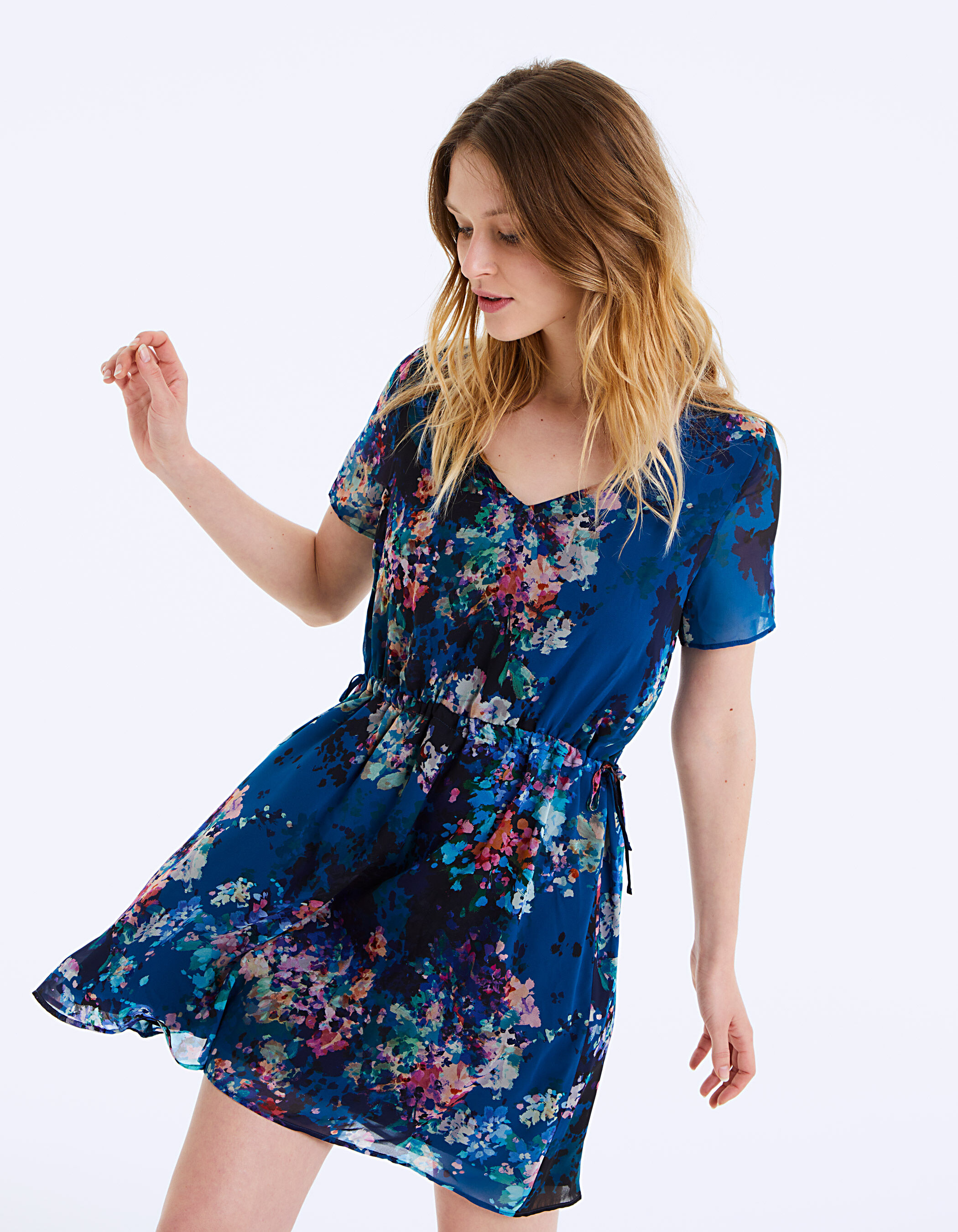 Robe droite col V en voile imprime floral IKKS