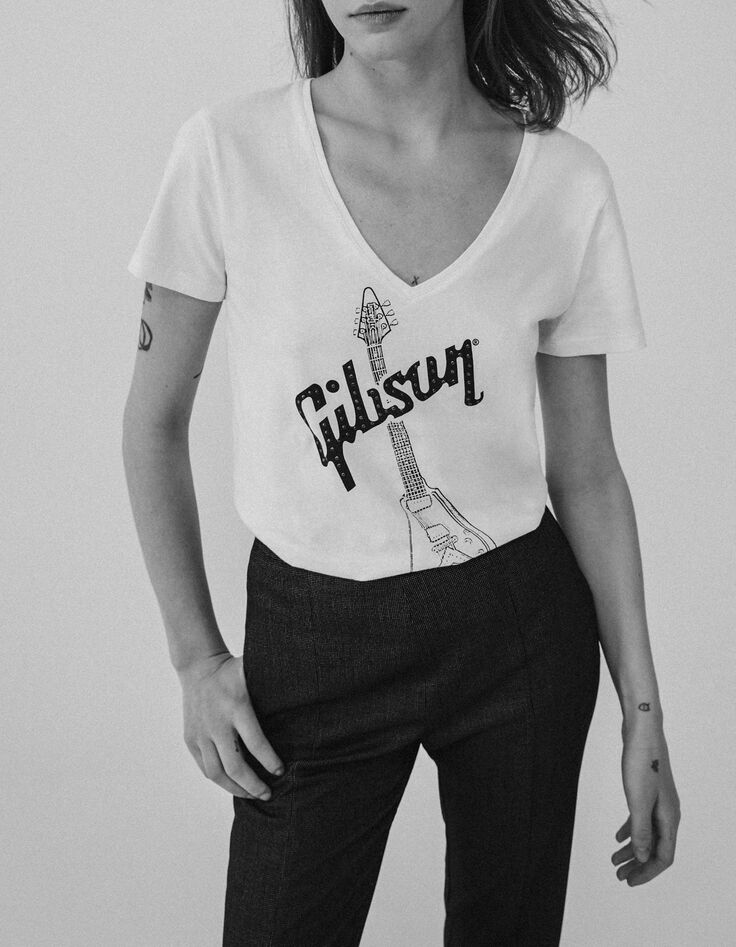Weißes Damen-T-Shirt mit E-Gitarre GIBSON-3