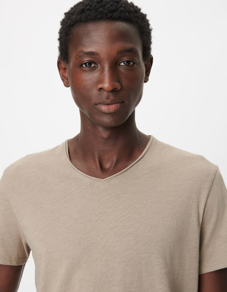 T-shirt encolure V beige coton bio flamm&eacute; Homme-4